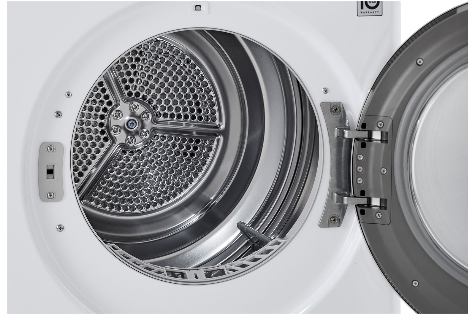 A close-up view of the drum interior of the LG Compact Front Load Heat Pump Dryer DLHC1455W in White, highlighting the durable stainless steel drum.
