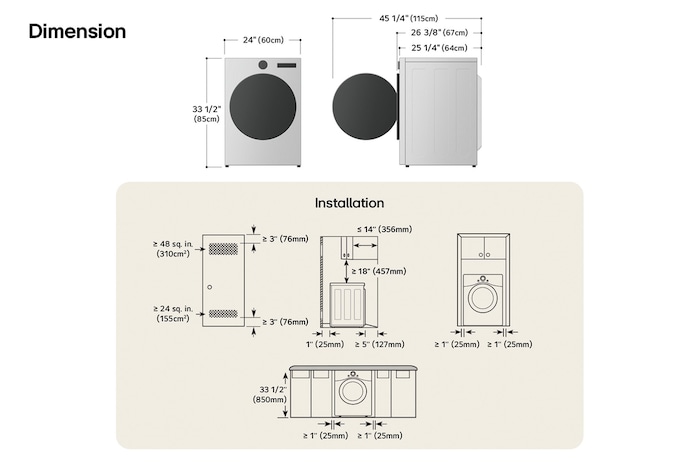 Technical dimension and installation diagram for the LG Compact Front Load Dryer: 24 in (60 cm) wide, 33 1/2 in (85 cm) high, 26 3/8 in (67 cm) deep, and 45 1/4 in (115 cm) with door open, detailing required installation and venting clearances.