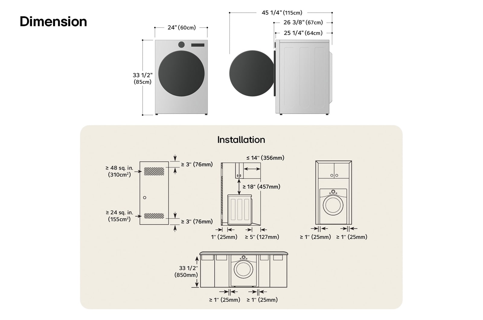 Technical dimension and installation diagram for the LG Compact Front Load Dryer: 24 in (60 cm) wide, 33 1/2 in (85 cm) high, 26 3/8 in (67 cm) deep, and 45 1/4 in (115 cm) with door open, detailing required installation and venting clearances.