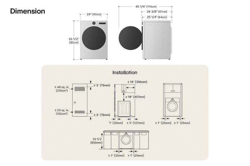 Technical dimension and installation diagram for the LG Compact Front Load Dryer: 24 in (60 cm) wide, 33 1/2 in (85 cm) high, 26 3/8 in (67 cm) deep, and 45 1/4 in (115 cm) with door open, detailing required installation and venting clearances.