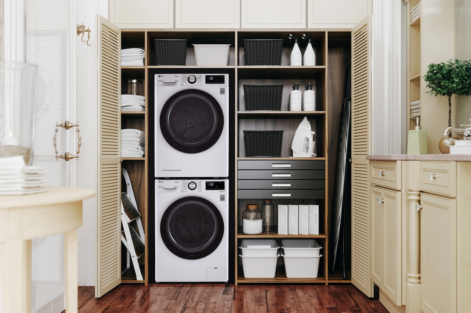 The Compact LG Front Load Washer and Heat Pump Dryer set (DLHC1455W) in White, showcasing the space-saving vertical stacking option within a built-in closet.