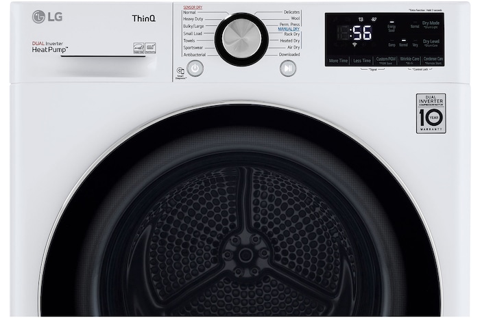 The control panel of the LG Compact Front Load Heat Pump Dryer DLHC1455W in White, showing a close-up of the digital display, cycle selector, and Dual Inverter HeatPump™ branding.