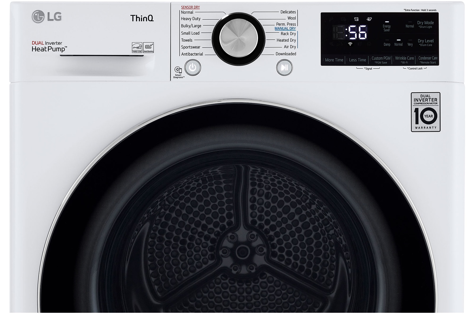 The control panel of the LG Compact Front Load Heat Pump Dryer DLHC1455W in White, showing a close-up of the digital display, cycle selector, and Dual Inverter HeatPump™ branding.