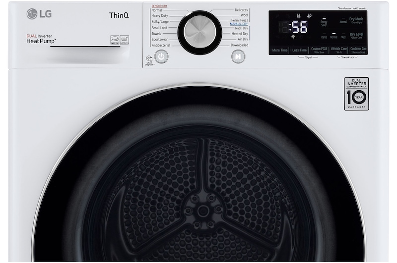 The control panel of the LG Compact Front Load Heat Pump Dryer DLHC1455W in White, showing a close-up of the digital display, cycle selector, and Dual Inverter HeatPump™ branding.