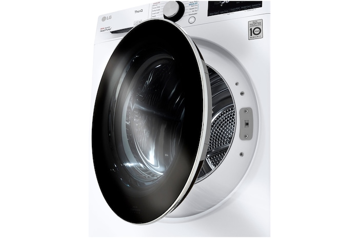 The LG Compact Front Load Heat Pump Dryer DLHC1455W in White, shown from an angle with the dark, tempered glass door slightly ajar, revealing the stainless steel drum.