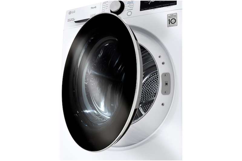 The LG Compact Front Load Heat Pump Dryer DLHC1455W in White, shown from an angle with the dark, tempered glass door slightly ajar, revealing the stainless steel drum.