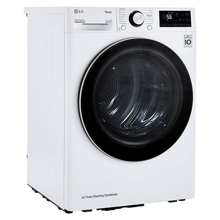 The LG Compact Front Load Heat Pump Dryer DLHC1455W in White, shown from an angle with the door closed, emphasizing the compact design and Auto Cleaning Condenser feature.