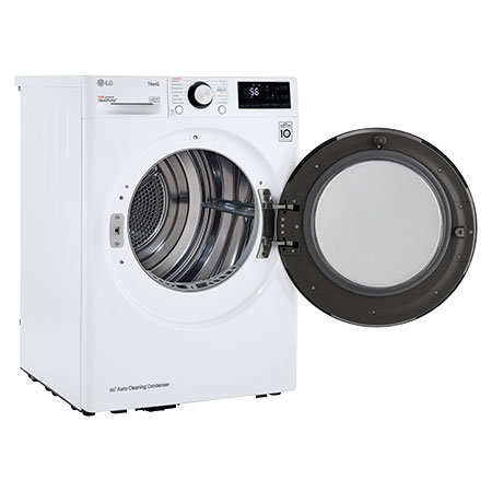 The LG Compact Front Load Heat Pump Dryer DLHC1455W in White, shown from an angle with the door wide open, allowing full access to the stainless steel drum.