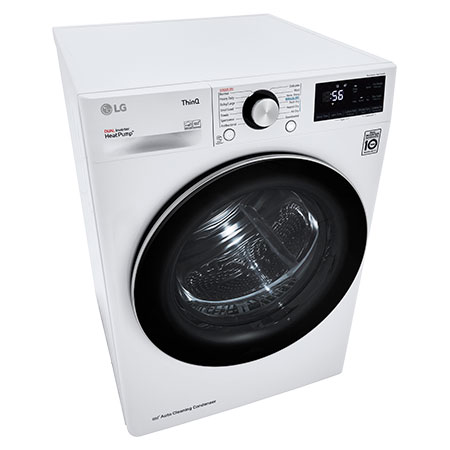 The LG Compact Front Load Heat Pump Dryer DLHC1455W in White, shown from a top-down angle, emphasizing the sleek top panel and the Dual Inverter HeatPump™ logo. 
