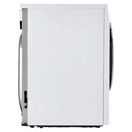 The LG Compact Front Load Heat Pump Dryer DLHC1455W in White, showing a full side profile, highlighting its compact depth and clean, minimalist side panel design.