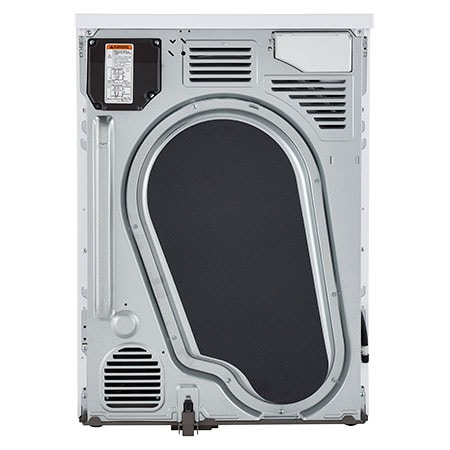 A full rear view of the LG Compact Front Load Heat Pump Dryer DLHC1455W in White, displaying the heat pump component cover and rear ventilation details.