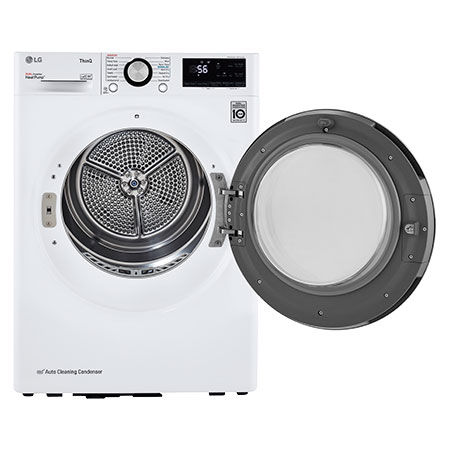 The LG Compact Front Load Heat Pump Dryer DLHC1455W in White, shown with the door wide open, revealing the stainless steel drum and HeatPump™ technology branding.