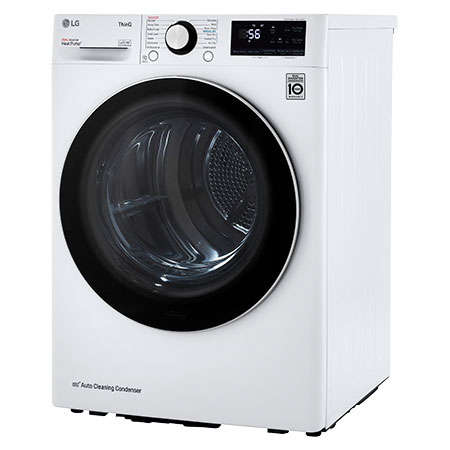The LG Compact Front Load Heat Pump Dryer DLHC1455W in White, shown from an angle, emphasizing its compact depth and HeatPump™ technology.
