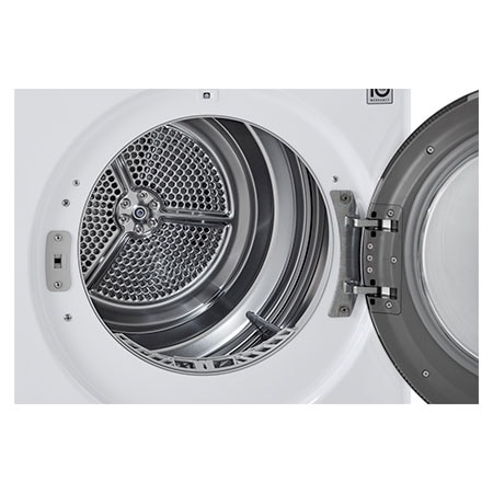A close-up view of the drum interior of the LG Compact Front Load Heat Pump Dryer DLHC1455W in White, highlighting the durable stainless steel drum.