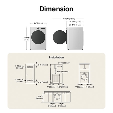 Technical dimension and installation diagram for the LG Compact Front Load Dryer: 24 in (60 cm) wide, 33 1/2 in (85 cm) high, 26 3/8 in (67 cm) deep, and 45 1/4 in (115 cm) with door open, detailing required installation and venting clearances.