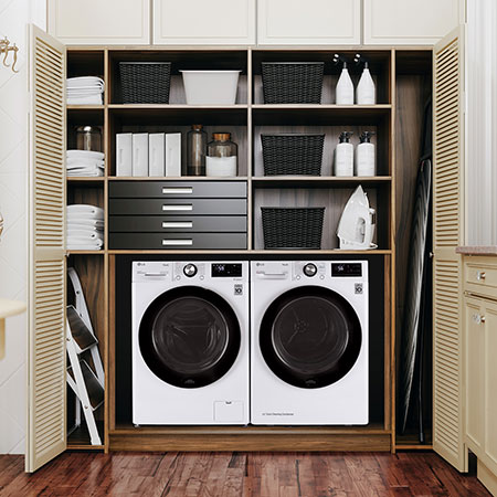 The Compact LG Front Load Washer and Heat Pump Dryer set (DLHC1455W) in White, showcasing the flexible side-by-side installation option within a built-in closet space.