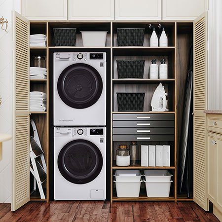 The Compact LG Front Load Washer and Heat Pump Dryer set (DLHC1455W) in White, showcasing the space-saving vertical stacking option within a built-in closet.