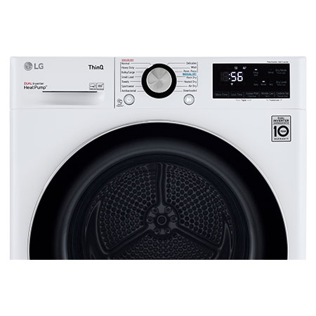 The control panel of the LG Compact Front Load Heat Pump Dryer DLHC1455W in White, showing a close-up of the digital display, cycle selector, and Dual Inverter HeatPump™ branding.