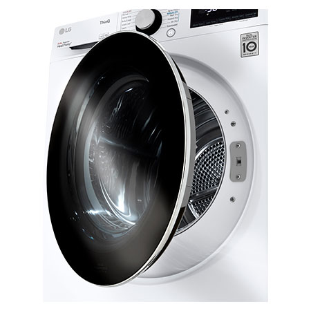 The LG Compact Front Load Heat Pump Dryer DLHC1455W in White, shown from an angle with the dark, tempered glass door slightly ajar, revealing the stainless steel drum.