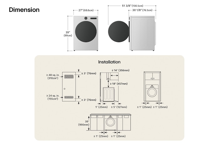 Technical dimension and installation diagram for the LG Front Load Dryer: 27 in (68.6 cm) wide, 39 in (99 cm) high, 30 1/8 in (76.5 cm) deep, and 51 3/8 in (130.5 cm) with door open, detailing required installation and venting clearances.