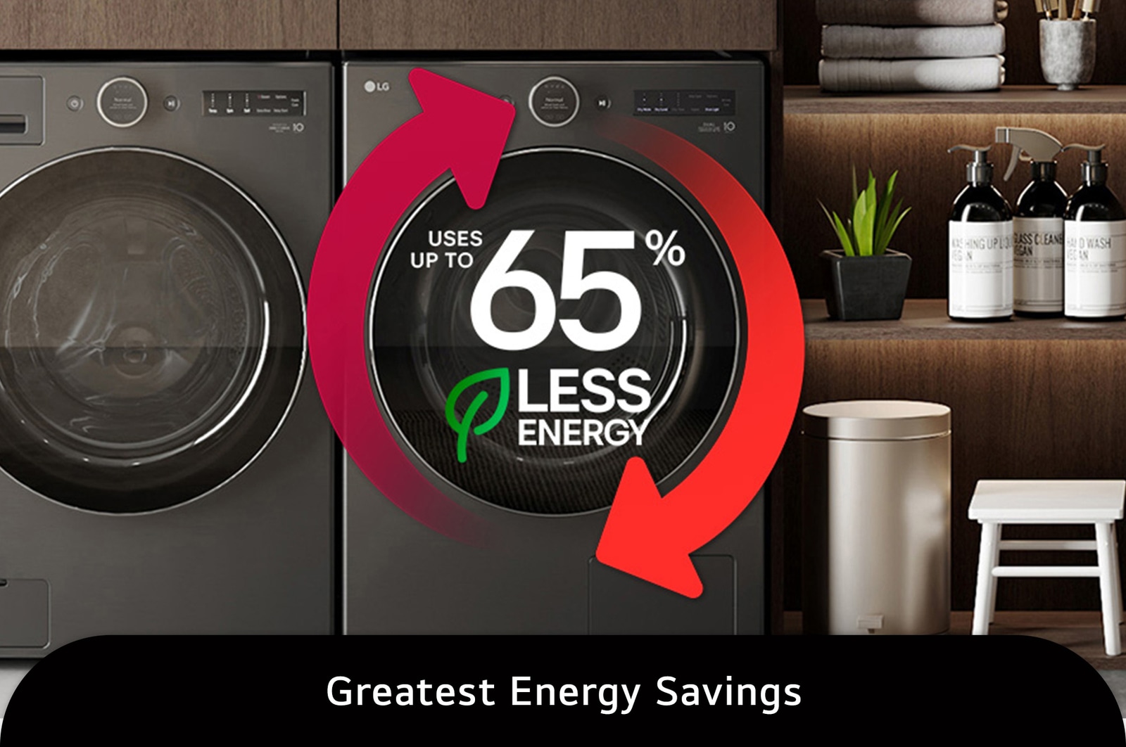 The LG Front Load Dryer DLHC6702B in Black Steel, highlighting its advanced technology that uses up to 65% less energy for superior efficiency.