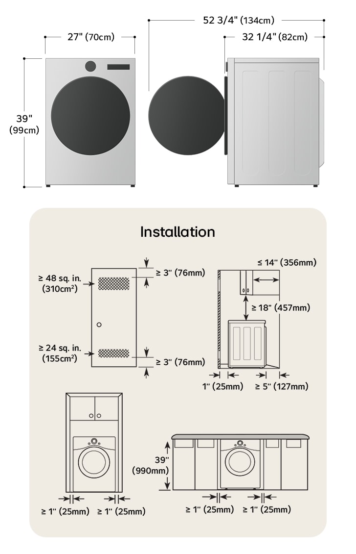 Technical dimension and installation diagram for the LG Front Load Dryer: 27 in (70 cm) wide, 39 in (99 cm) high, 32 1/4 in (82 cm) deep, and 52 3/4 in (134 cm) with door open, detailing required installation and venting clearances.