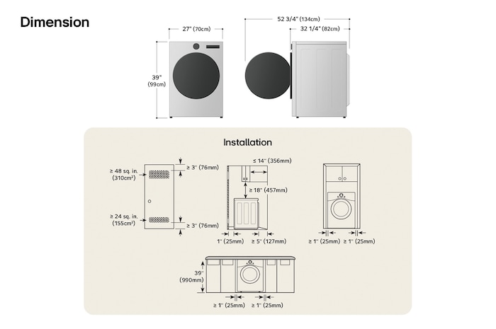 Technical dimension and installation diagram for the LG Front Load Dryer: 27 in (70 cm) wide, 39 in (99 cm) high, 32 1/4 in (82 cm) deep, and 52 3/4 in (134 cm) with door open, detailing required installation and venting clearances.