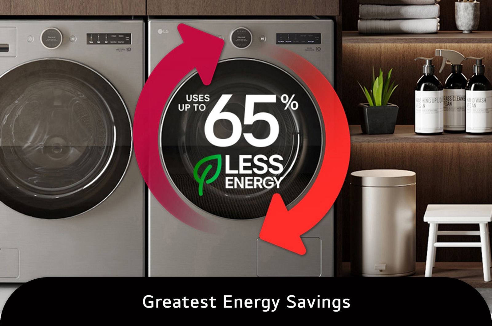 The LG Front Load Dryer DLHC5502V in Graphite Steel, highlighting its advanced technology that uses up to 65% less energy for superior efficiency.