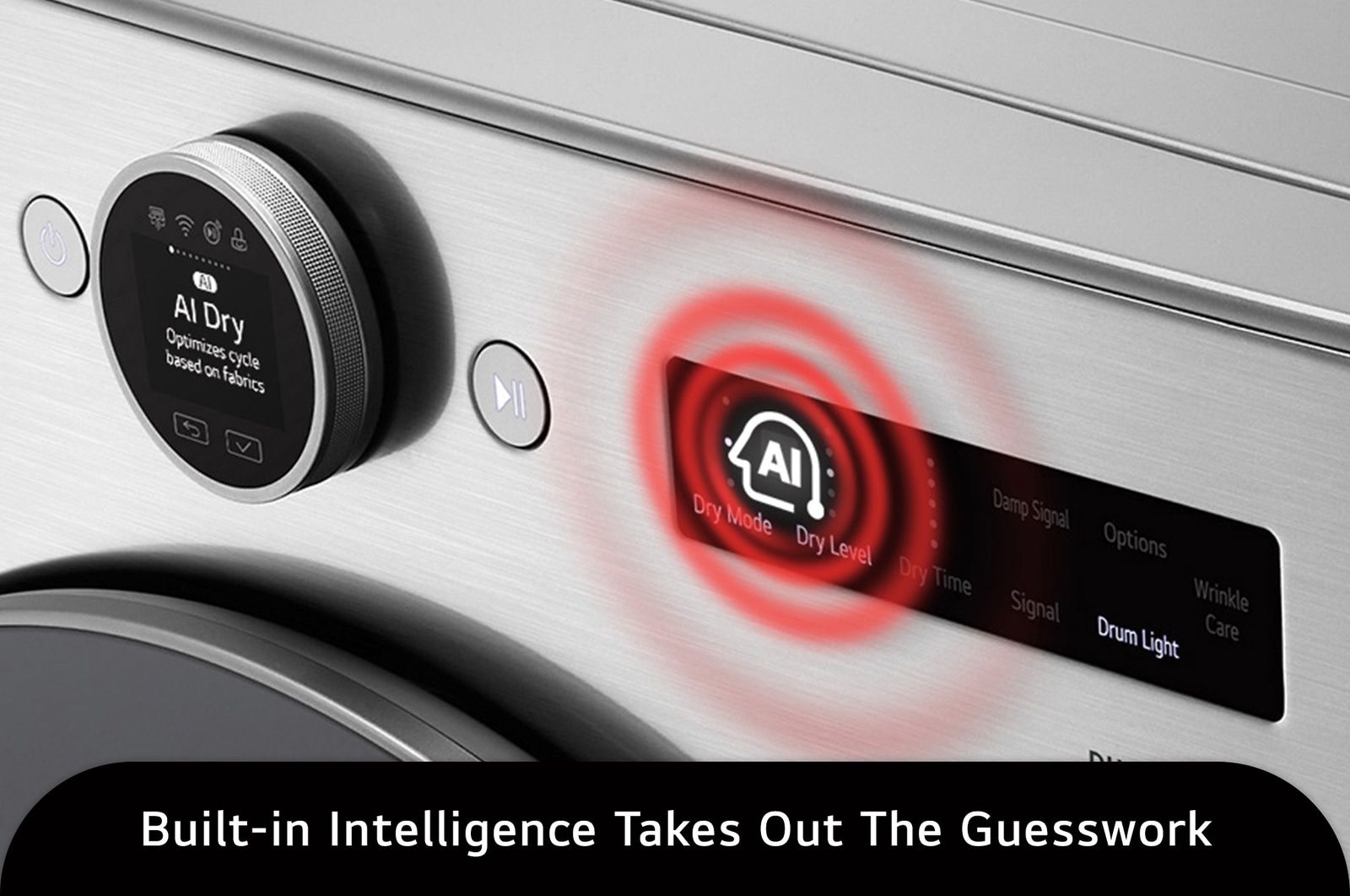 The control panel of the LG Front Load Dryer DLHC5502V in Graphite Steel, highlighting the AI Dry intelligence that automatically sets the optimal drying cycle based on fabric type.