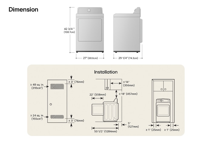 Technical dimension and installation diagram for the LG Dryer: 27 in (68.6 cm) wide, 42 3/4 in (108.7 cm) high, 29 1/4 in (74.3 cm) deep, and 50 1/2 in (1284 mm) with door open, detailing required installation and venting clearances.