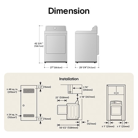 Technical dimension and installation diagram for the LG Dryer: 27 in (68.6 cm) wide, 42 3/4 in (108.7 cm) high, 29 1/4 in (74.3 cm) deep, and 50 1/2 in (1284 mm) with door open, detailing required installation and venting clearances.