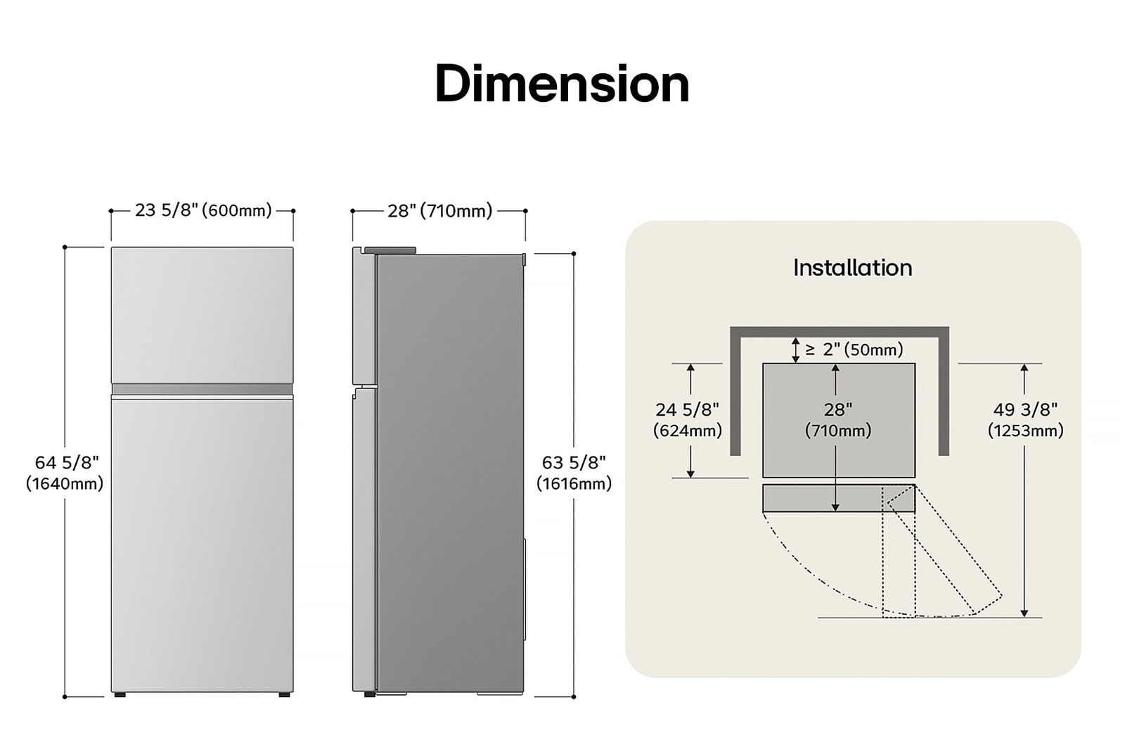 LG LT11C2000V Top Freezer Refrigerator technical drawing: H 64 5/8"(1640mm), W 23 5/8"(600mm), D 28"(710mm), incl. clearances.