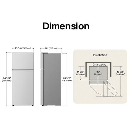 LG LT11C2000V Top Freezer Refrigerator technical drawing: H 64 5/8"(1640mm), W 23 5/8"(600mm), D 28"(710mm), incl. clearances.