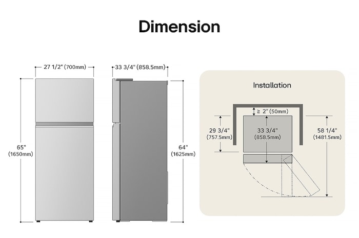 LG LT18S2100S Top Freezer Refrigerator technical drawing: H 65"(1650mm), W 27 1/2"(700mm), D 33 3/4"(858.5mm), incl. clearances.