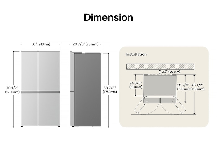 LG LS23C4230V Side-by-Side Refrigerator technical drawing: H 70 1/2"(1790mm), W 36"(913mm), D 28 7/8"(735mm), incl. clearances.