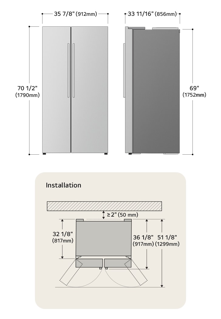 LG Side-by-Side Refrigerator technical drawing: H 70 1/2"(1790mm), W 35 7/8"(912mm), D 33 11/16"(856mm), incl. clearances.
