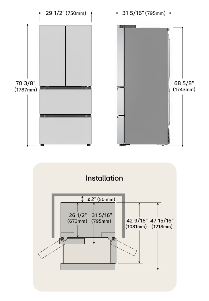 LG Kimchi Refrigerator technical drawing: H 70 3/8"(1787mm), W 29 1/2"(750mm), D 31 5/16"(795mm), incl. clearances.