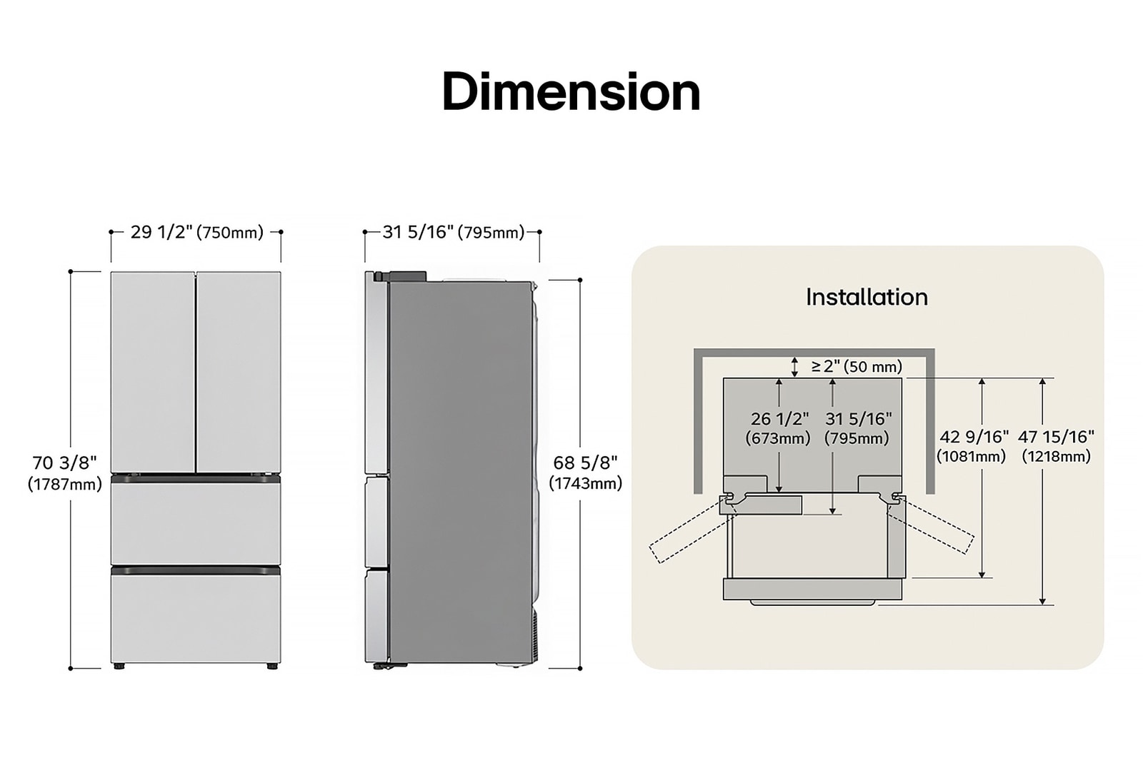 LG LK14S8000V Kimchi Refrigerator technical drawing: H 70 3/8"(1787mm), W 29 1/2"(750mm), D 31 5/16"(795mm), incl. clearances.