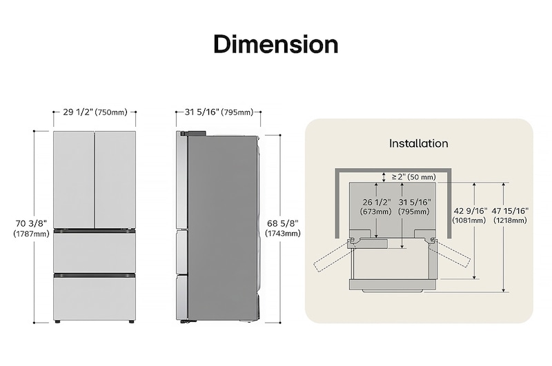 LG LK14S8000V Kimchi Refrigerator technical drawing: H 70 3/8"(1787mm), W 29 1/2"(750mm), D 31 5/16"(795mm), incl. clearances.