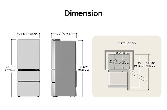 LG LK12S6000V Kimchi Refrigerator technical drawing: H 70 3/8"(1787mm), W 26 1/4"(666mm), D 29"(737mm), incl. clearances.