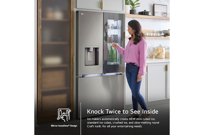 The LG 26 cu.ft. French Door Refrigerator LRYKC2606S, showing the Mirror InstaView® Design panel being knocked on to see inside.