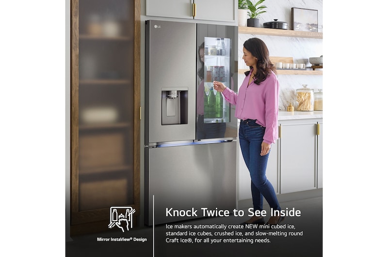 The LG 26 cu.ft. French Door Refrigerator LRYKC2606S, showing the Mirror InstaView® Design panel being knocked on to see inside.