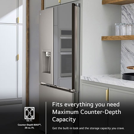The LG LRYKC2606S refrigerator's Counter-Depth MAX™ design, offering a built-in look with large 26 cu.ft. capacity.