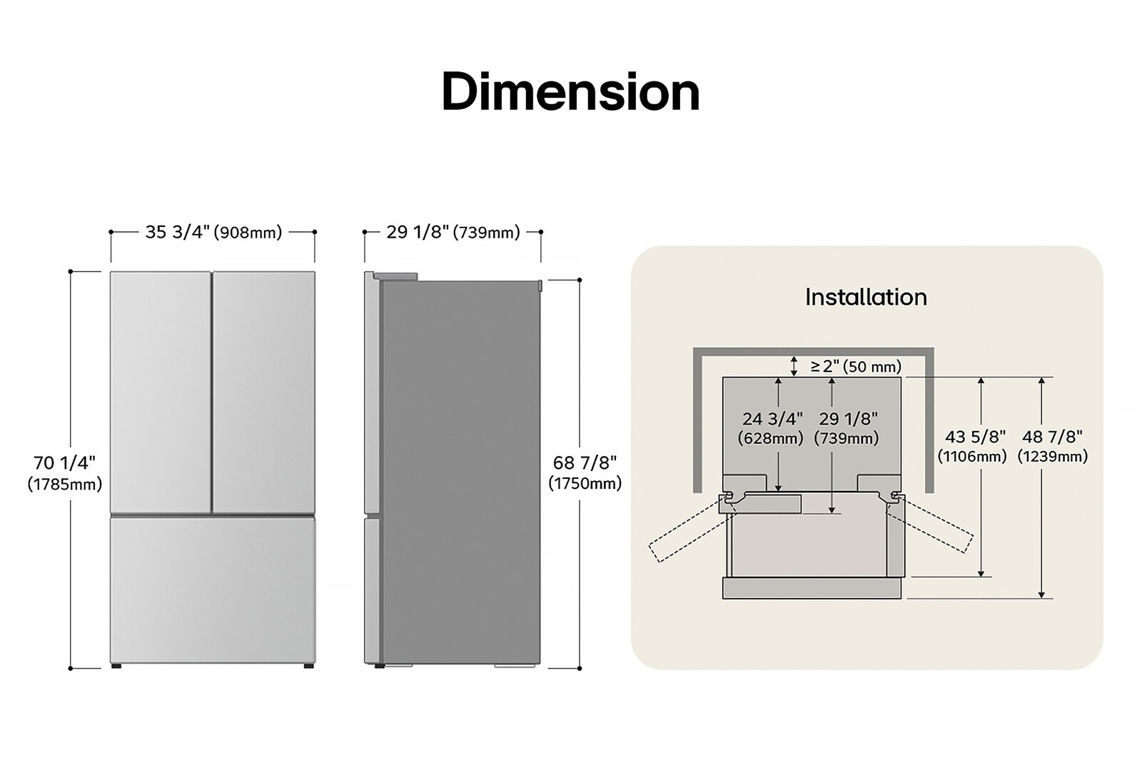 LG LRYXC2606D French Door Refrigerator technical drawing: H 70 1/4"(1785mm), W 35 3/4"(908mm), D 29 1/8"(739mm), incl. clearances.