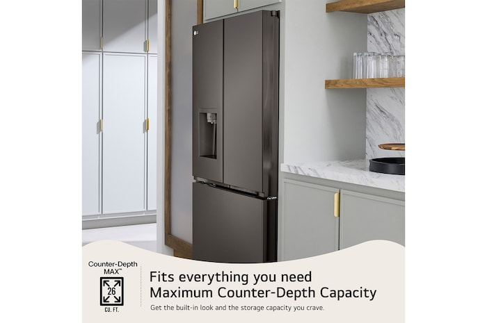 The PrintProof™ Black Stainless Steel LG LRYXC2606D refrigerator's Counter-Depth MAX™ design, offering a built-in look with large 26 cu.ft. capacity.
