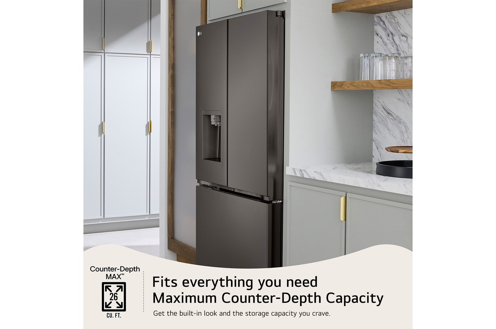 The PrintProof™ Black Stainless Steel LG LRYXC2606D refrigerator's Counter-Depth MAX™ design, offering a built-in look with large 26 cu.ft. capacity.
