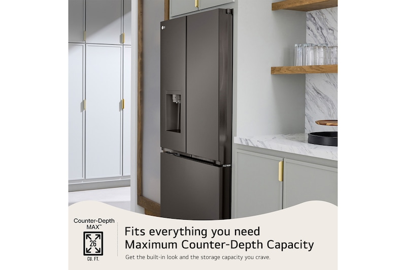 The PrintProof™ Black Stainless Steel LG LRYXC2606D refrigerator's Counter-Depth MAX™ design, offering a built-in look with large 26 cu.ft. capacity.