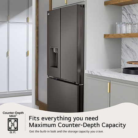 The PrintProof™ Black Stainless Steel LG LRYXC2606D refrigerator's Counter-Depth MAX™ design, offering a built-in look with large 26 cu.ft. capacity.
