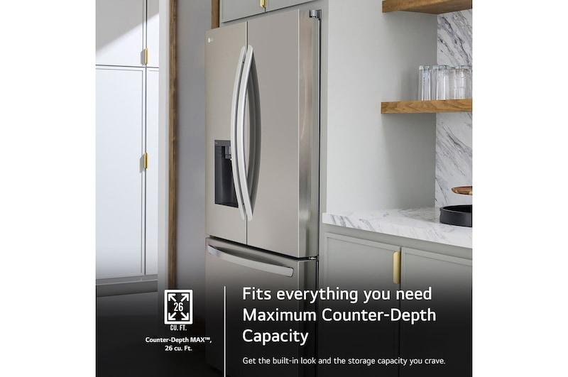 The LG LRFXC2606S refrigerator's Counter-Depth MAX™ design, offering a built-in look with large 26 cu.ft. capacity.