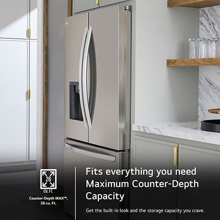The LG LRFXC2606S refrigerator's Counter-Depth MAX™ design, offering a built-in look with large 26 cu.ft. capacity.